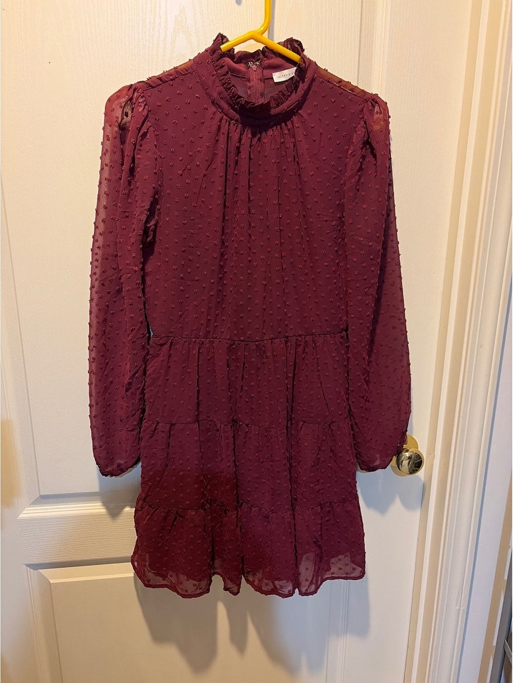 Altar'd State Burgundy Swiss Dot Ruffle Neck Dress Size M